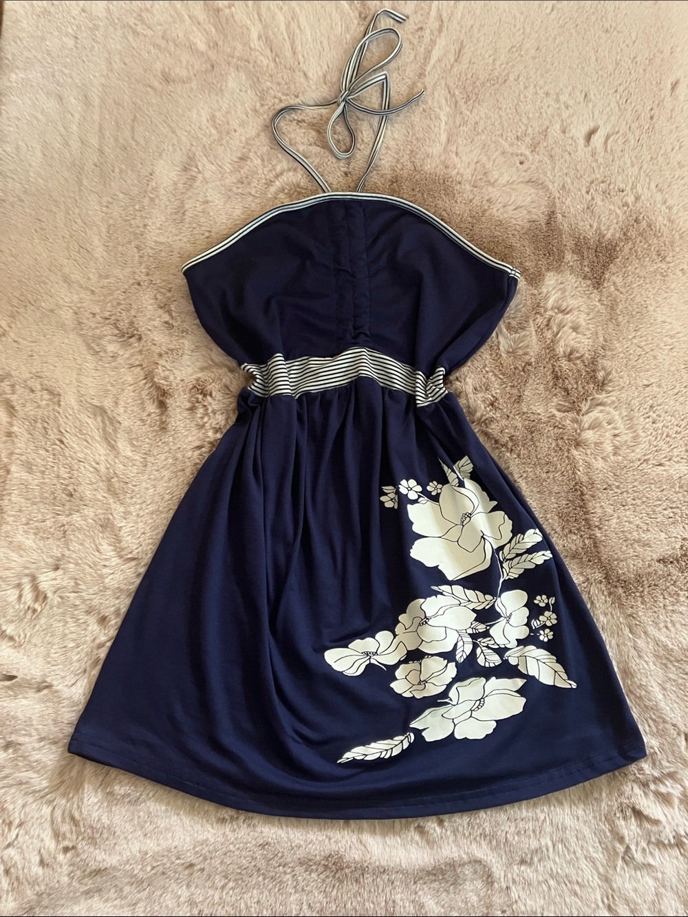 Y2k Navy Babydoll Halter Floral-Print Sundress Top